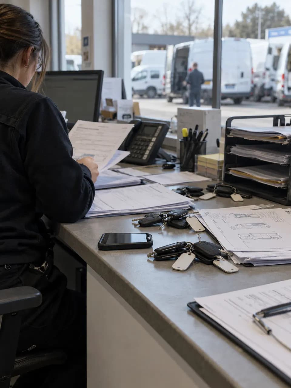 Mostrador de una oficina de alquiler de vehículos con llaves, papeles y partes sobre la mesa