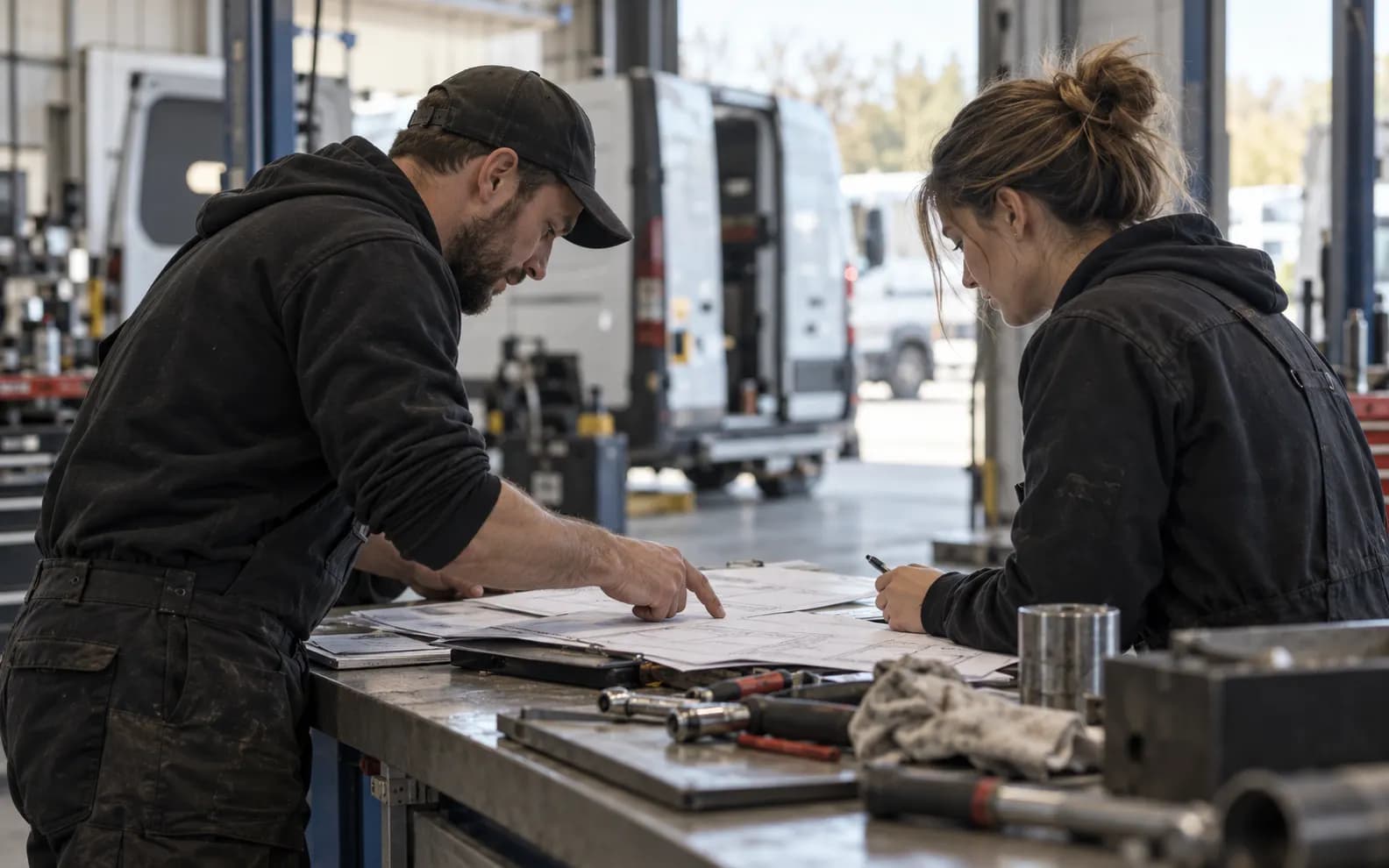 Dos personas revisando documentación sobre una mesa en una nave de vehículos
